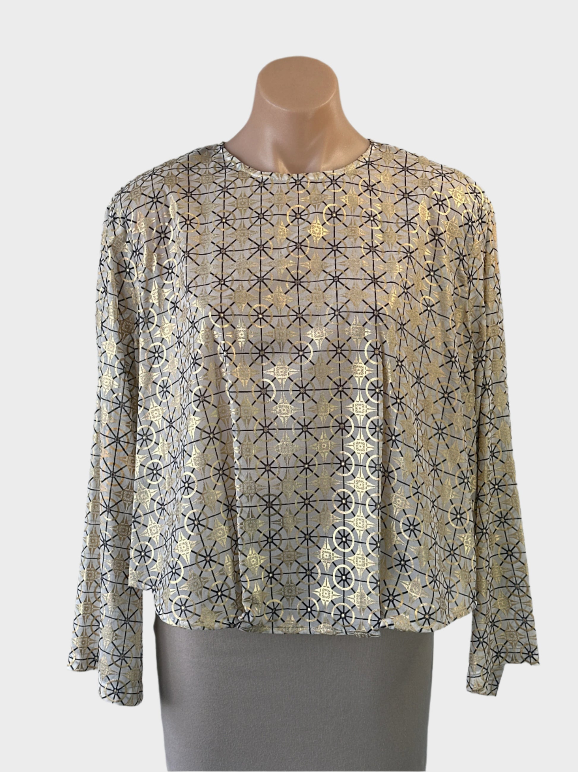 Designer sass & bide top in gold and black geometric print with keyhole back and train for evening or smart casual wear.