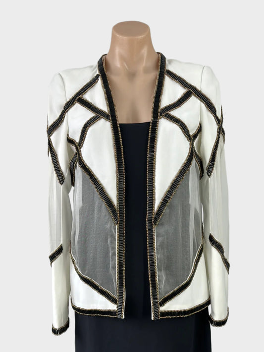 Designer Sass & Bide black and white open front cardigan jacket with bead embellishments and organza panels for special events.