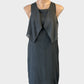 Designer Scanlan Theodore shift dress in grey stripes with draped yoke collar for office or smart casual wear.