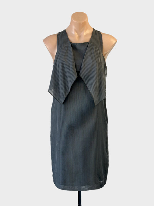 Designer Scanlan Theodore shift dress in grey stripes with draped yoke collar for office or smart casual wear.