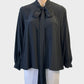 Designer Scanlan Theodore top in black silk with pussy bow and overlock trim for office or evening wear.