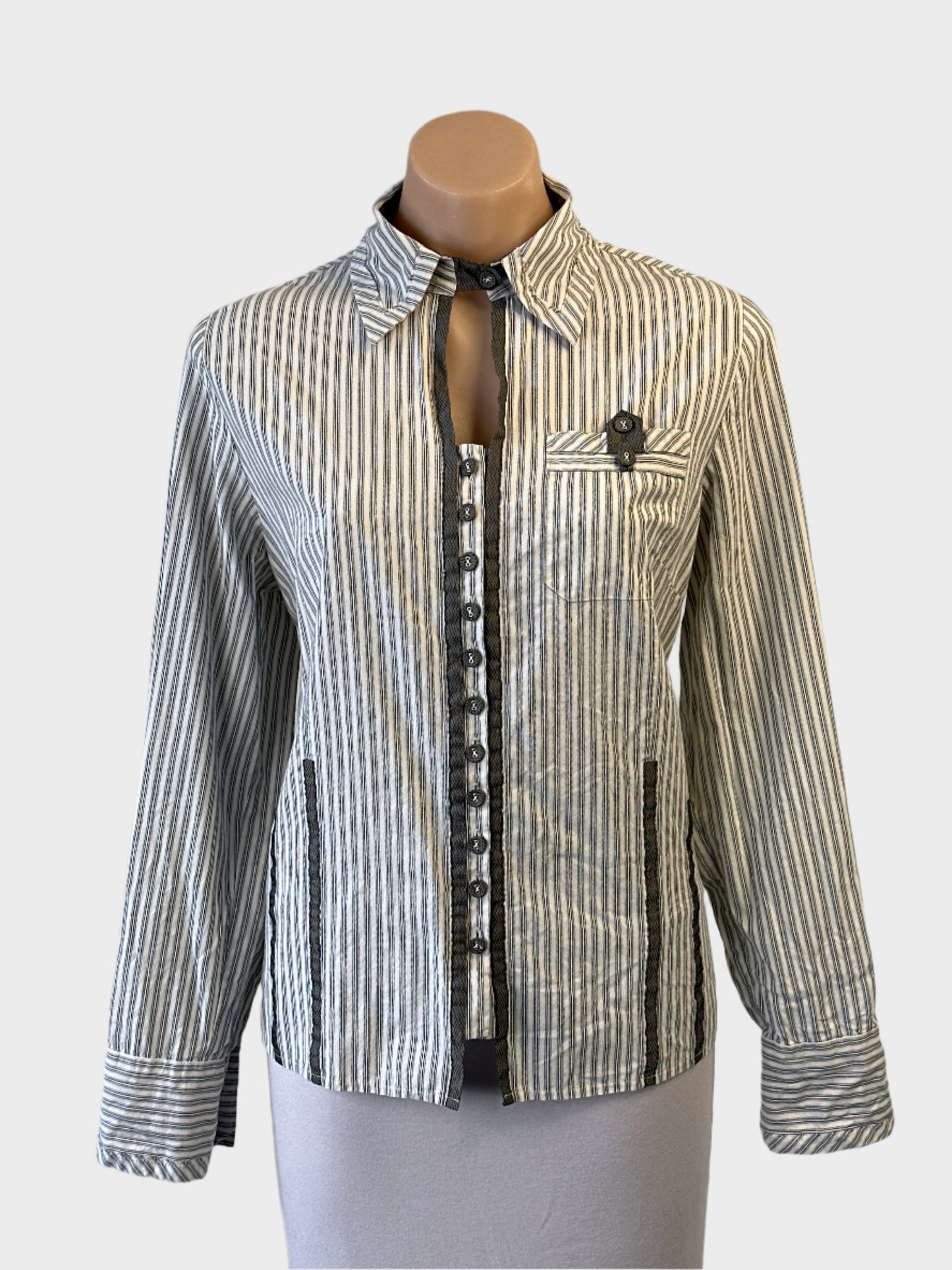 Designer Scarlett grey and white striped cotton shirt with keyhole neck and tie back for office or smart casual wear.