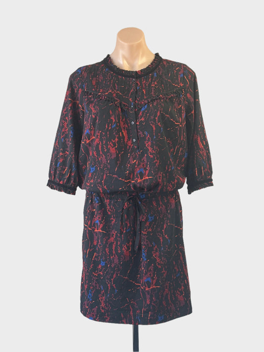 Designer Scotch & Soda Maison Scotch black dress with abstract scratch print, pintuck yoke, half button front and drawstring waist for office or smart casual