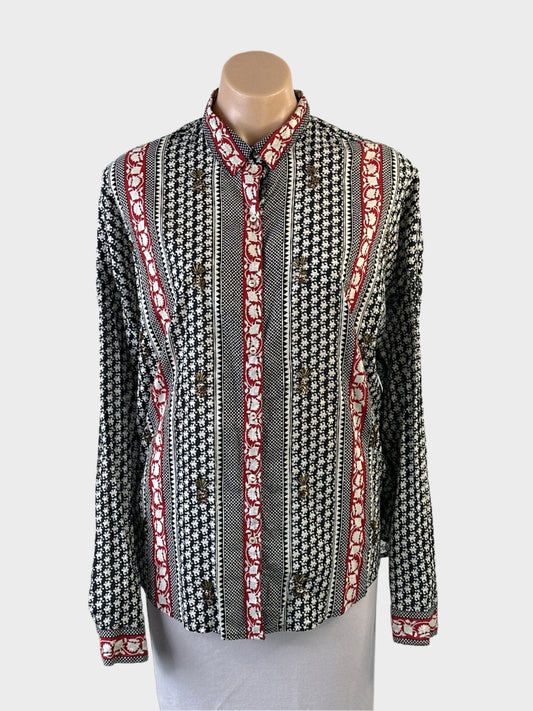 Designer Scotch & Soda shirt in black and white striped Indian woodblock print cotton with beaded pineapple motifs, standard collar and curved hem for smart casual or office wear.