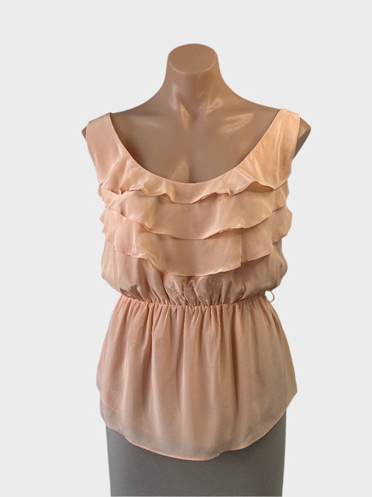 Seduce silk shirt in pink with ruffle front and blouson waist for office or special events wear.