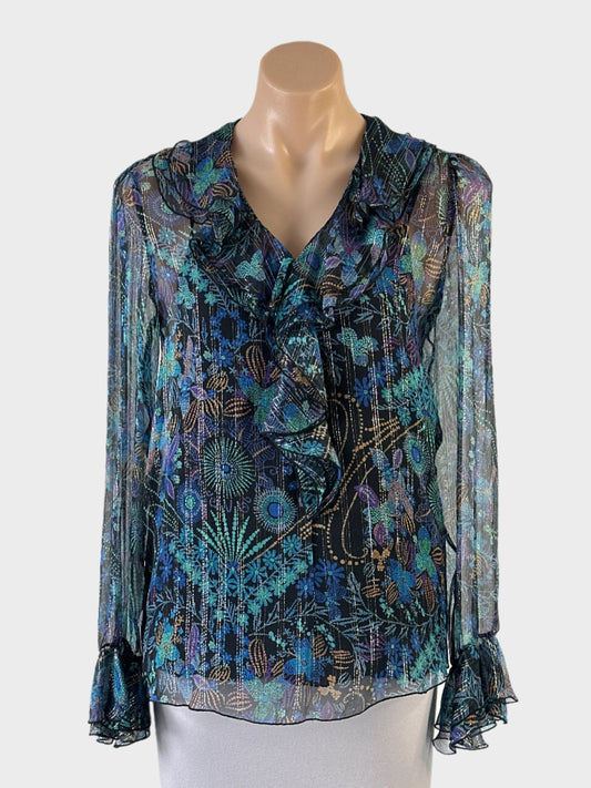 Designer See by Chloé poets shirt in blue sheer silk with floral print, v-neck with ruffle collar and long sleeves for evening or special events.