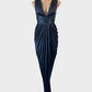 Sheike blue sleeveless satin jersey gown with plunge neck, ruched yoke waist and draped skirt for formal wear