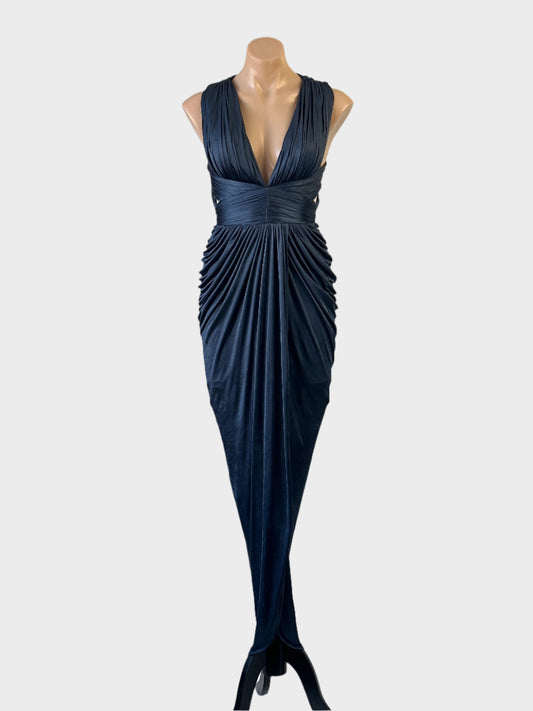 Sheike blue sleeveless satin jersey gown with plunge neck, ruched yoke waist and draped skirt for formal wear