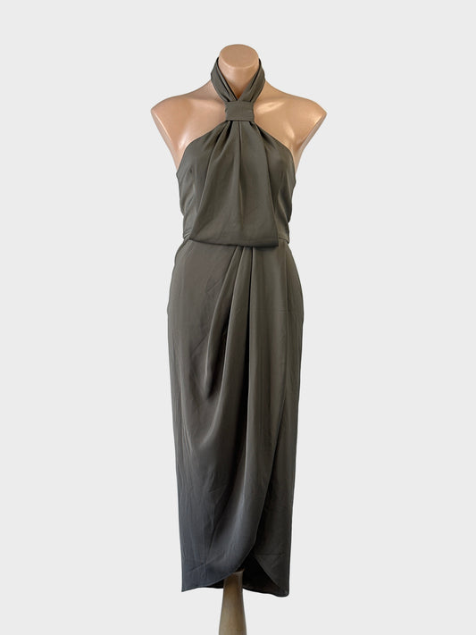 Designer Shona Joy olive sheath gown with gathered halter neck, draped front bodice and tulip skirt for formal wear
