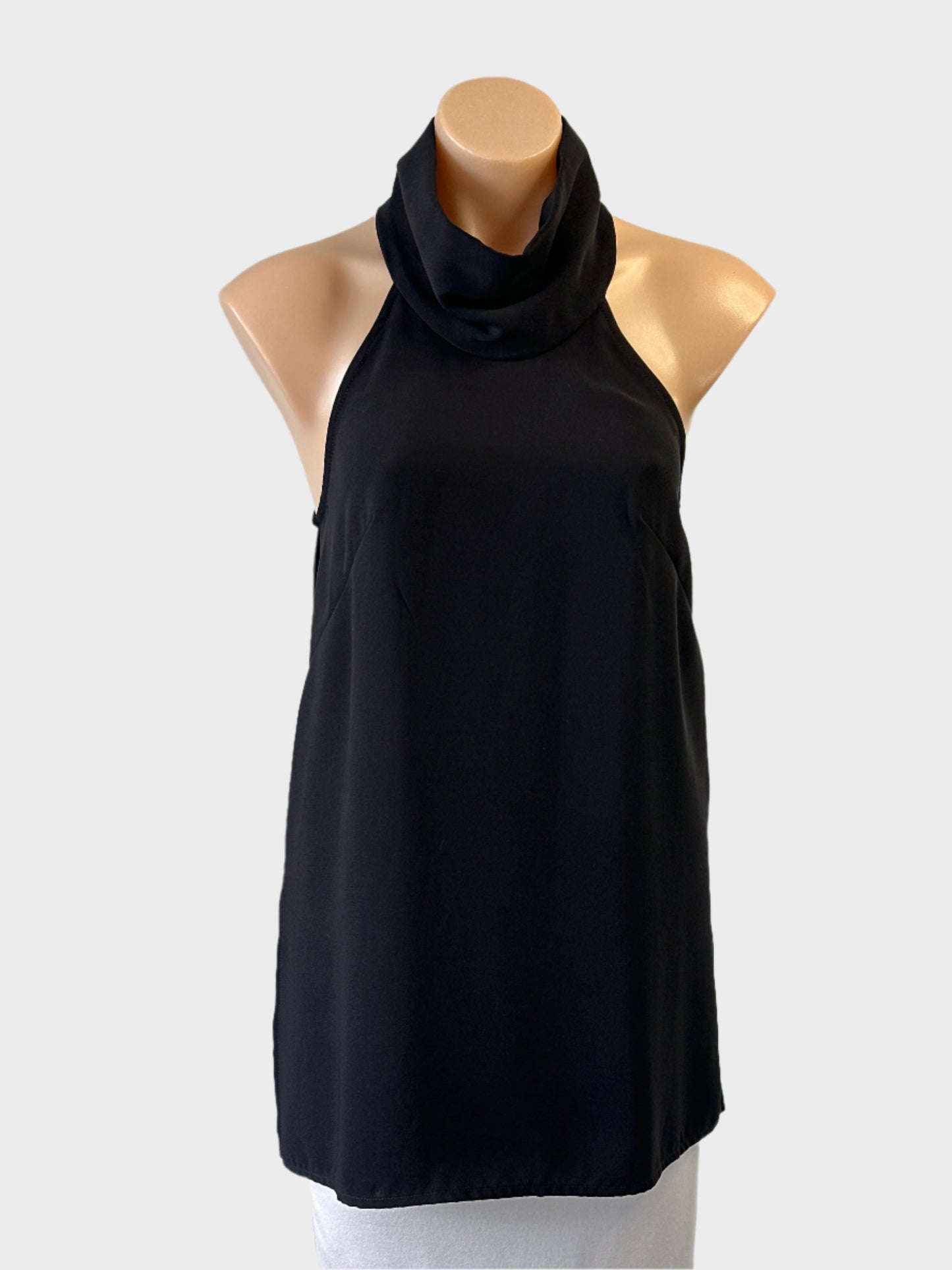 Designer Shona Joy tunic top in black with cowl collar and racer back for smart casual or evening wear.
