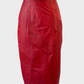 Simkka Furs vintage 80s lipstick red leather skirt with striped topstitching and back vent for business or smart casual wear.