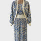 Vintage designer Simona dress and jacket set in blue & white pure silk with bright daisy floral print, bateau neck and gathered skirt for special events.