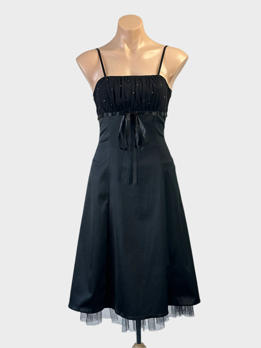 Designer Simona empire waist dress in black with diamante bodice and tulle skirt for evening or formal wear.