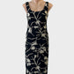 Simona floral shift dress in black with D-shaped neck and back for office or special events wear.