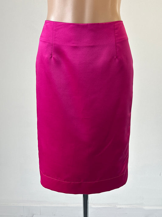Simona barbiecore straight skirt in pink satin finish with back vent for evening or special events wear.