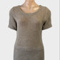 Skin and Threads short sleeve top in taupe with sheer mesh knit, scoop neck and scalloped hem for smart casual wear