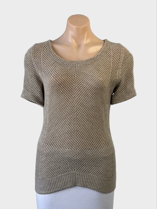 Skin and Threads short sleeve top in taupe with sheer mesh knit, scoop neck and scalloped hem for smart casual wear
