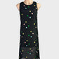 Retro 80's style sleeveless shift dress in sheer crepe with embroidered polka dots, bateau neck, and straight skirt.