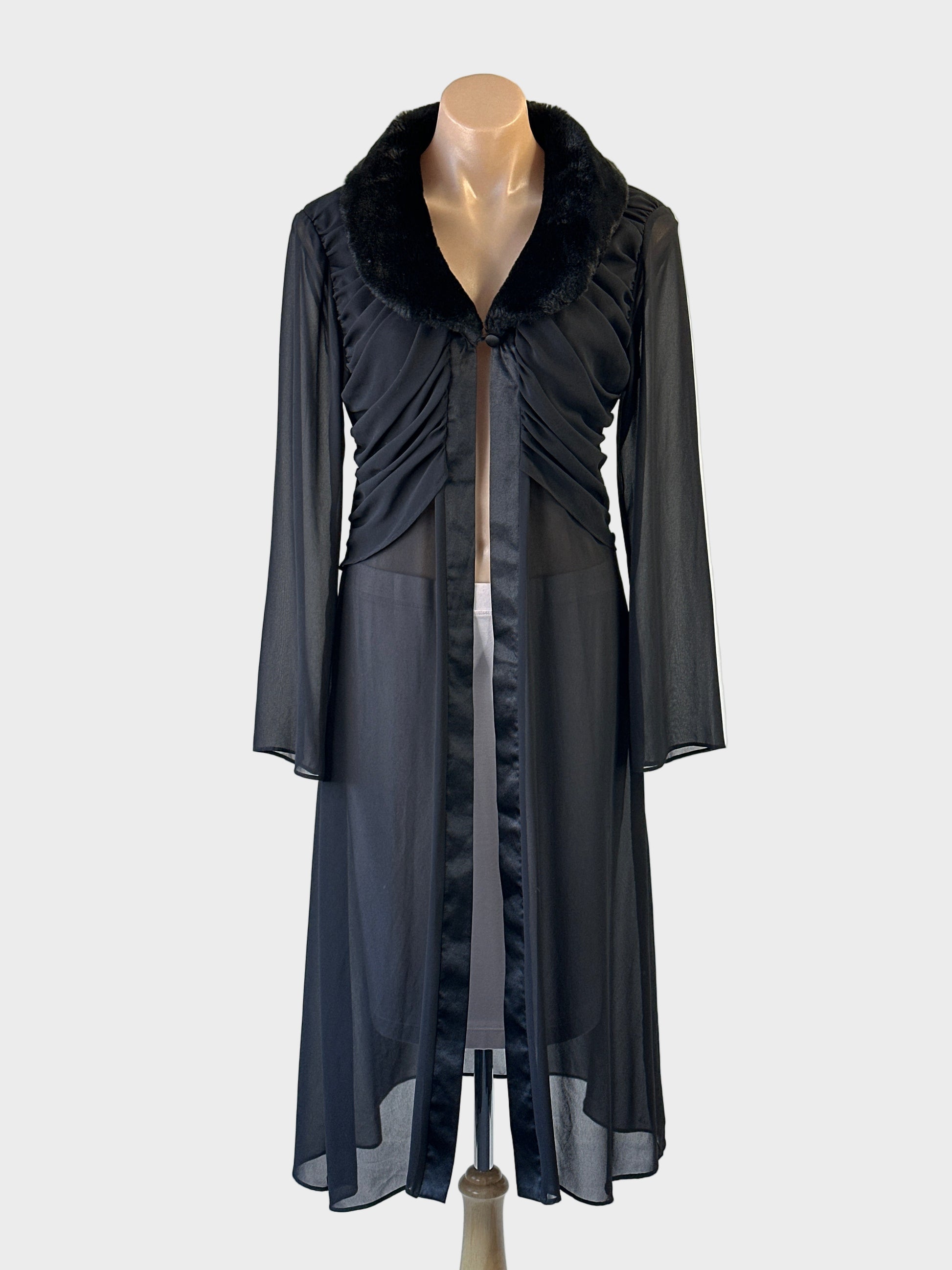 Vintage 90's designer Studibaker Hawk black chiffon jacket with satin placket, faux fur collar and ruched bodice for formal wear