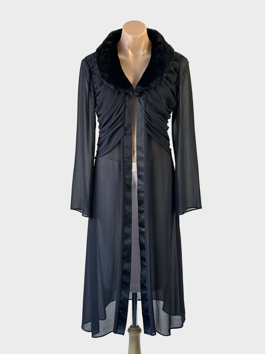 Vintage 90's designer Studibaker Hawk black chiffon jacket with satin placket, faux fur collar and ruched bodice for formal wear