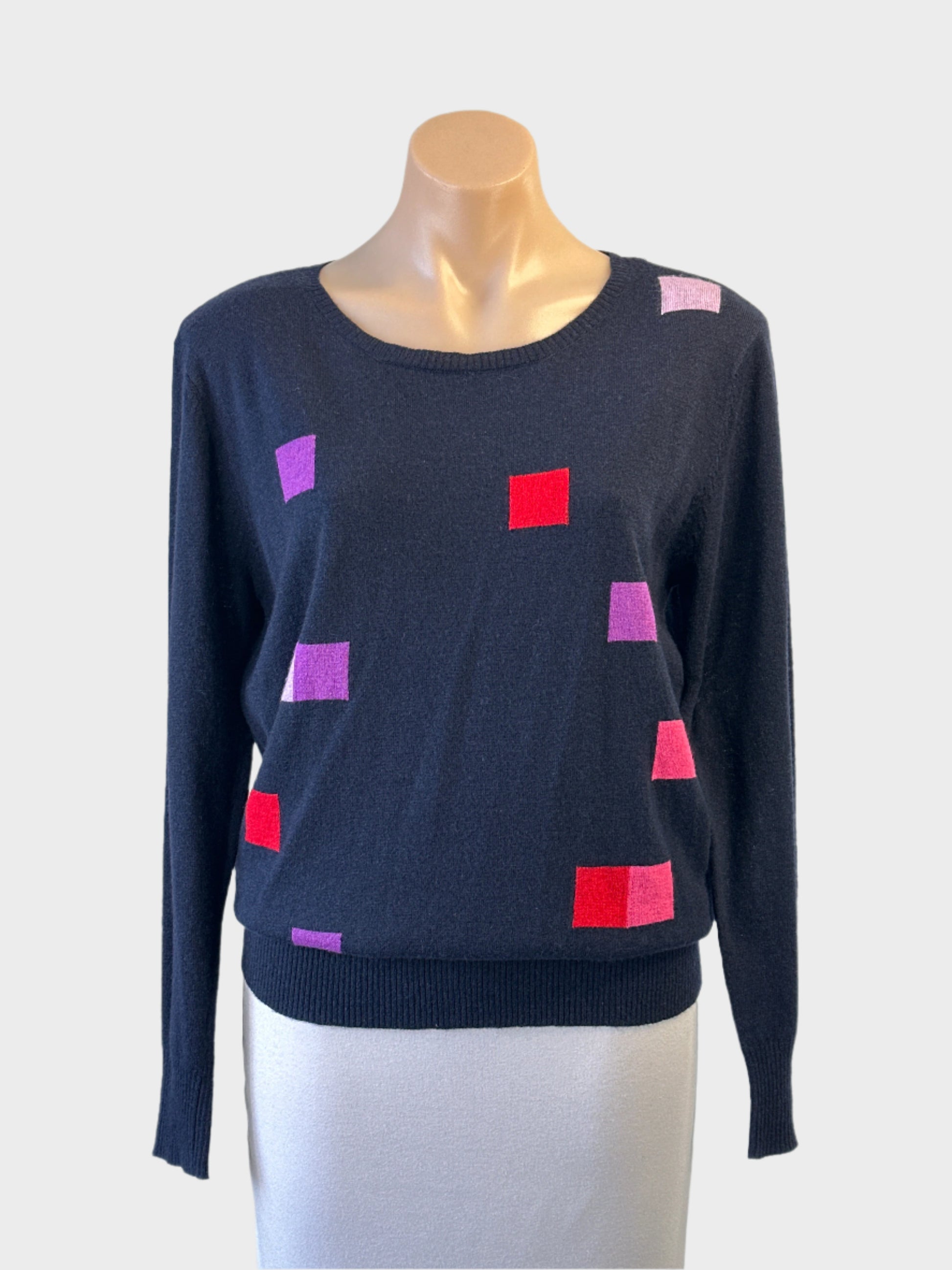 Sophie Moran designer sweater in navy with red and pink squares, crew neck and long sleeves for smart casual or business wear.