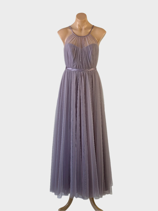 Designer Sorrella Vita halter neck gown in purple sheer mesh overlay with illusion neck, keyhole back, satin waistband and full gathered skirt for formal or bridal.