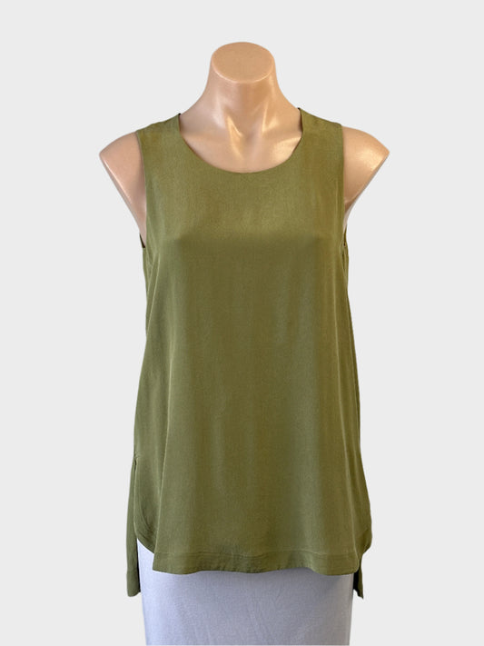 Designer Sportmax green silk charmeuse sleeveless top with round neck and curved hem for office or special events.