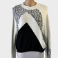 Designer Sportmax black and ivory sweater with tufted intarsia panel and crew neck for smart casual wear
