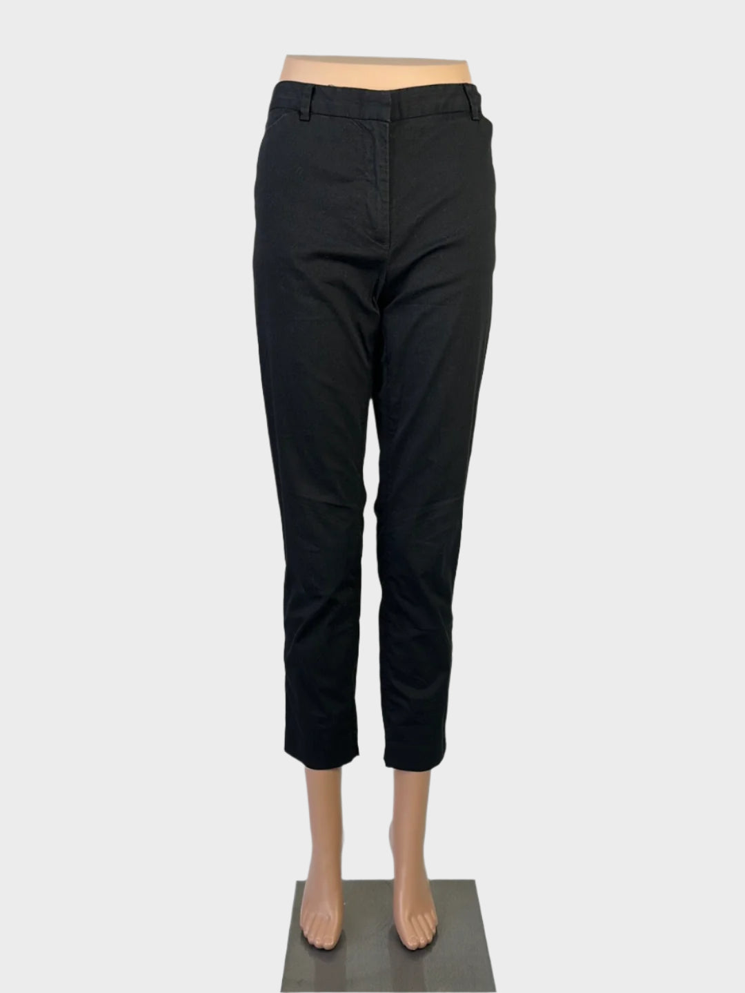 Sportscraft black straight leg pants with mid-rise waist, belt loops, and jetted back pockets for smart casual wear