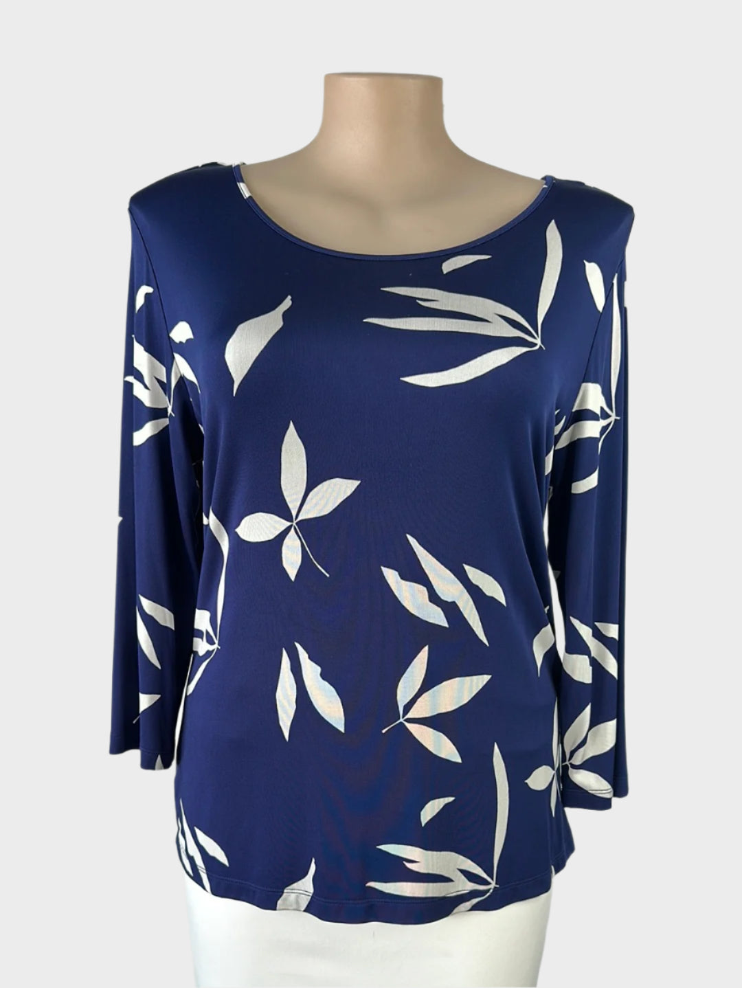 Sportscraft blue and white top in botanical print jersey with scoop neck and long sleeves for smart casual or office wear.