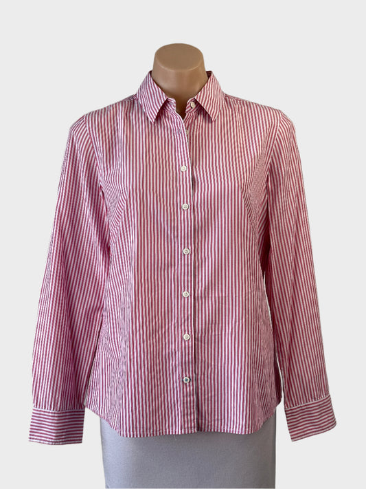 Sportscraft long sleeve shirt in rose pink and white candy stripe with standard collar and button cuffs for office or smart casual