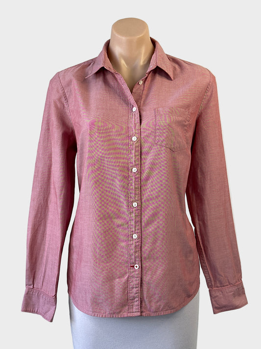 Sportscraft long sleeve pinpoint cotton shirt in dusty rose with patch pocket and shirt tail hem for office or smart casual wear.