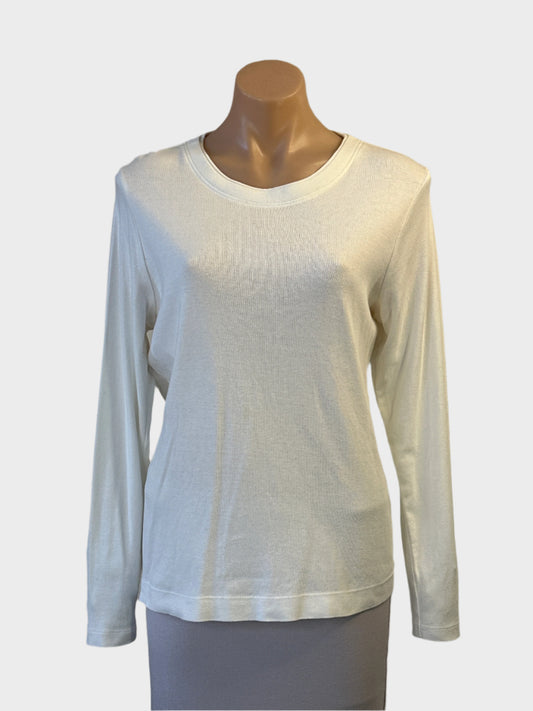 Sportscraft classic top in white cotton jersey with round neck for smart casual wear.