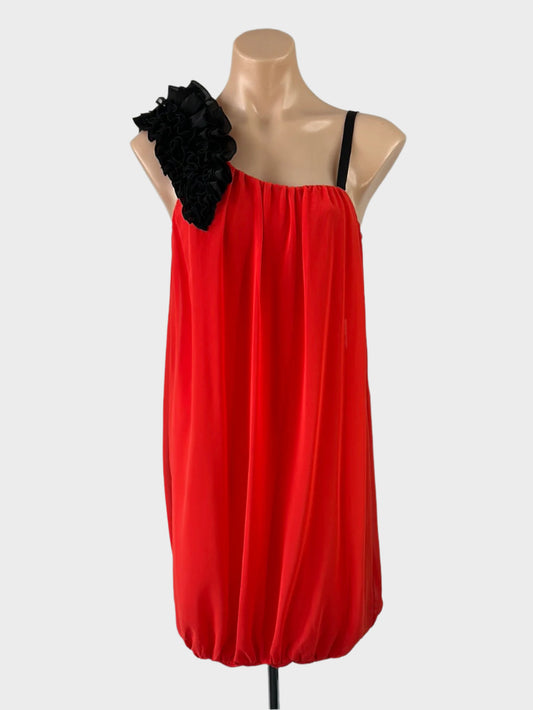 Stella red and black bubble dress in sheer crepe with asymmetric neck and bubble skirt for evening or formal wear.