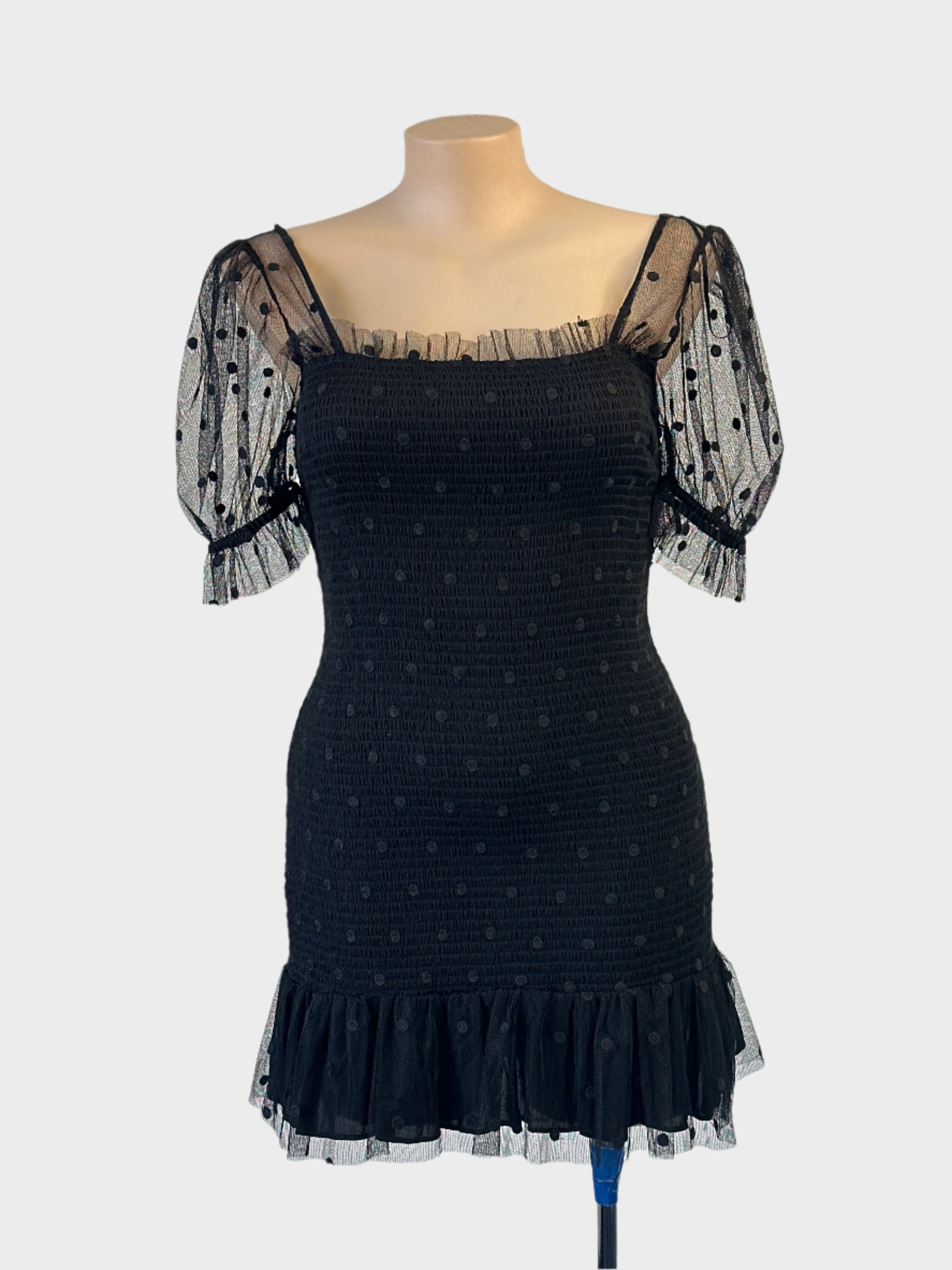 Stevie May bodycon dress in black shirred mesh with appliqué polka dots for evening or formal wear.