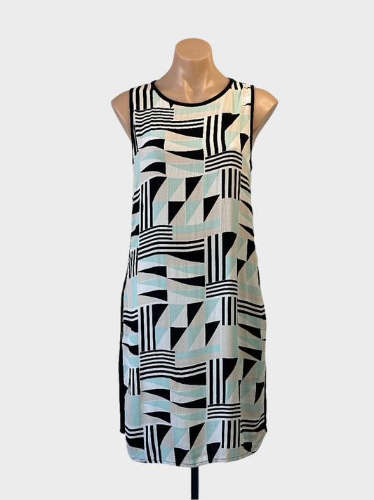 Studio W sleeveless shift dress in black and white geometric print for office or smart casual wear.
