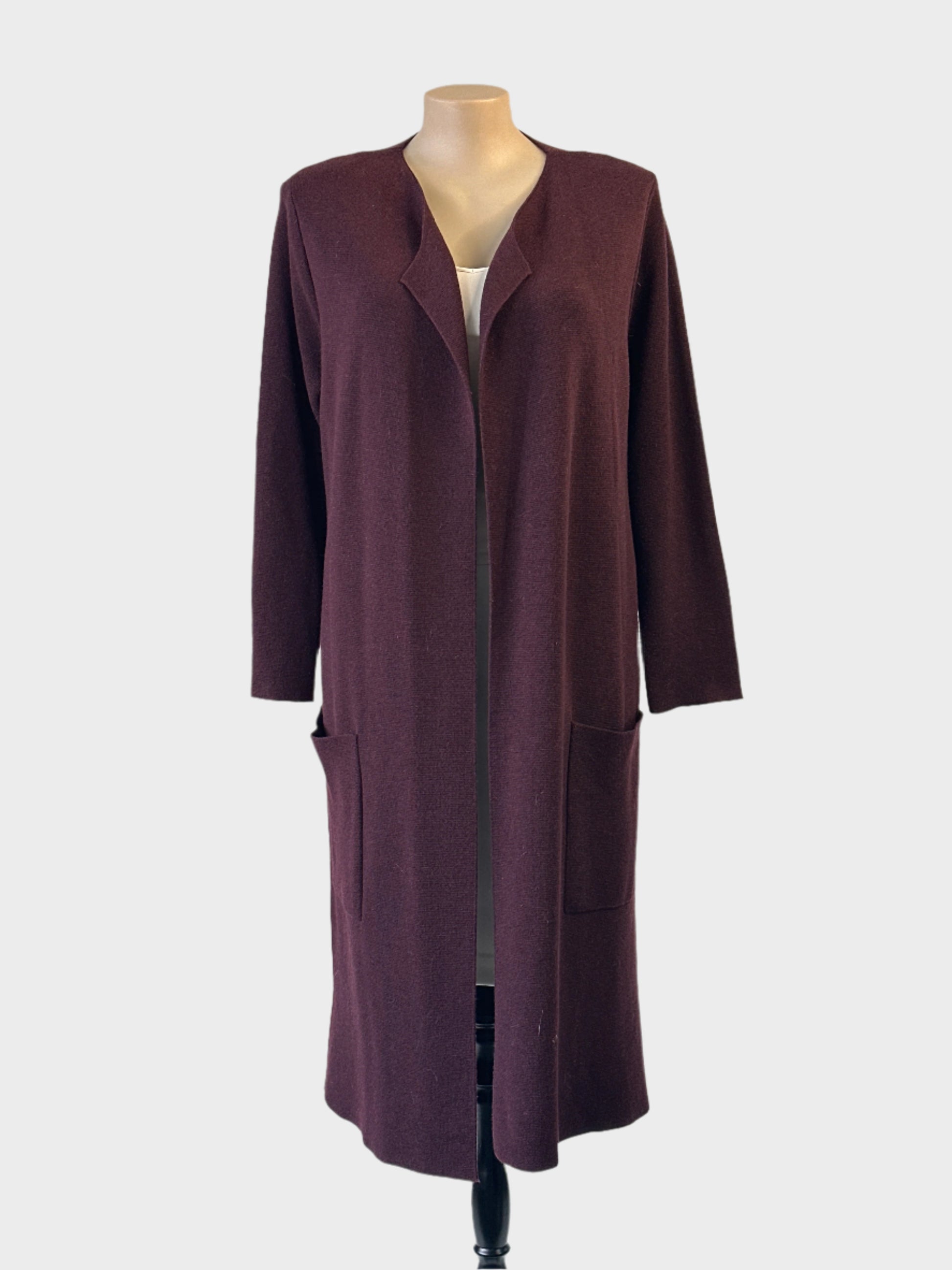 Plum long line knit cardigan with open front, martingale belt and front patch pockets for smart casual or office wear