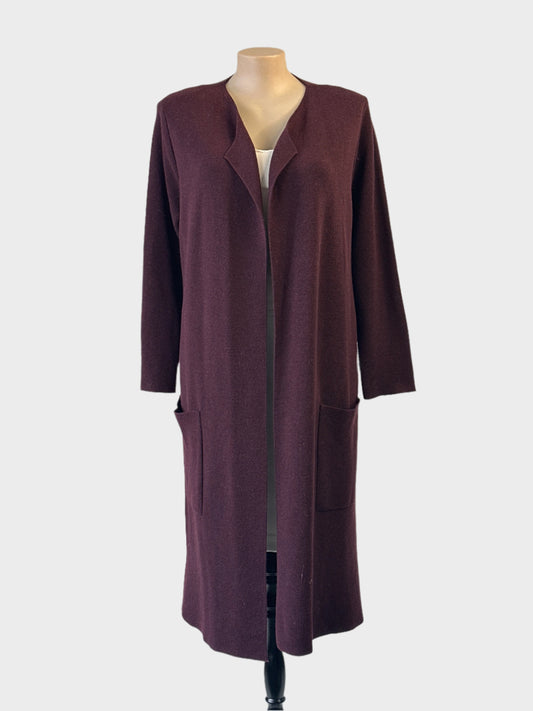 Plum long line knit cardigan with open front, martingale belt and front patch pockets for smart casual or office wear
