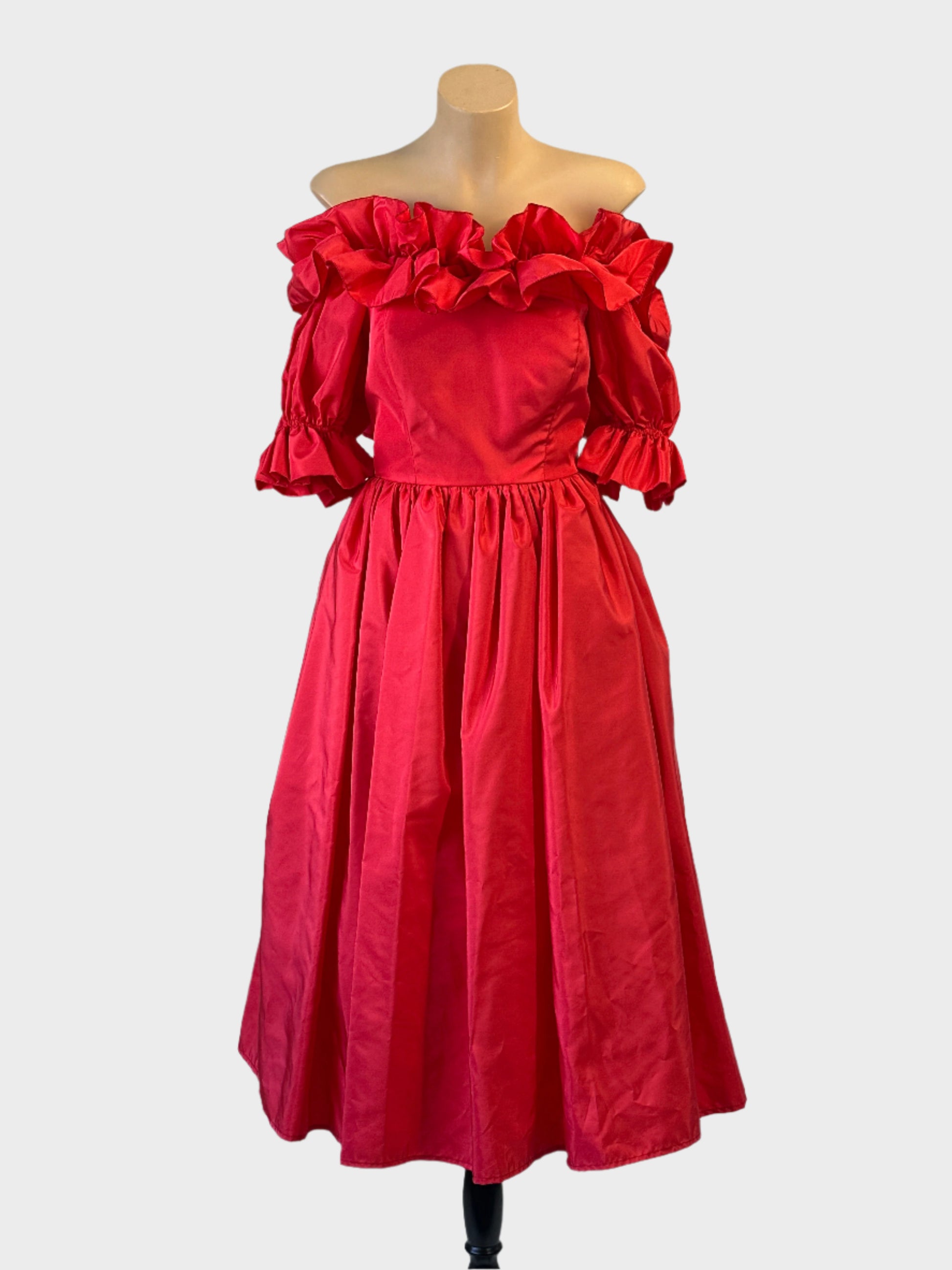 Sweet Angels off the shoulder dress in red with ruffle neckline and tulle skirt for formal wear.