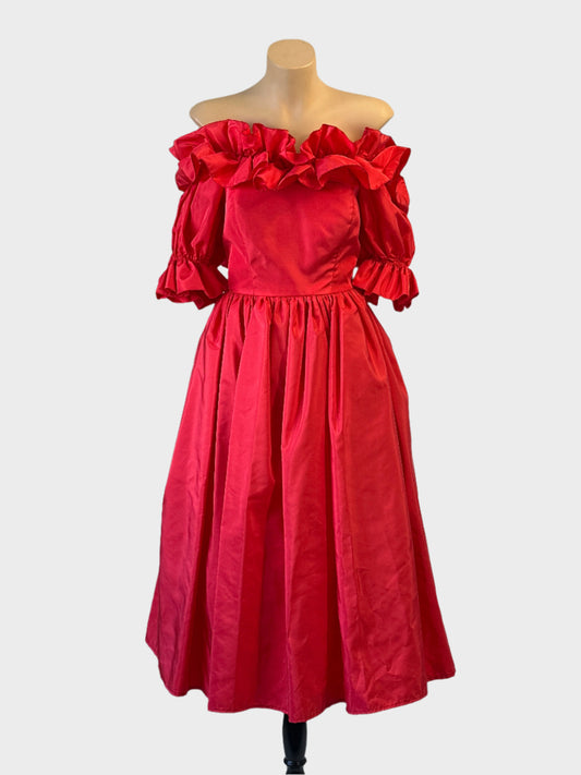 Sweet Angels off the shoulder dress in red with ruffle neckline and tulle skirt for formal wear.