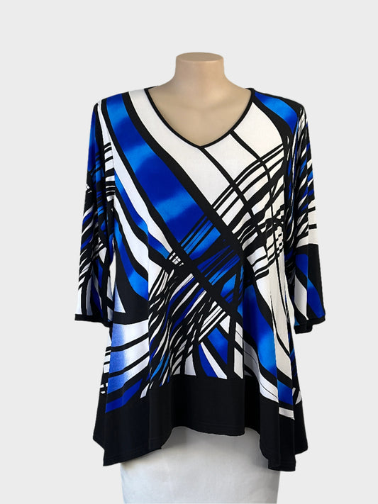 Swish long sleeve tunic top in white with cobalt, black and ink blue geometric print, v-neck and flared hem for smart casual or office wear.