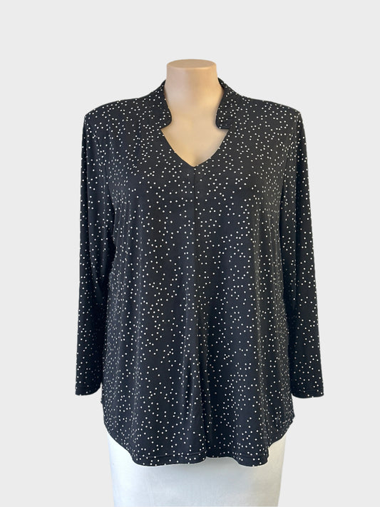 Swish black and white polka dot smock top in jersey with v-neck with flat band collar and long sleeves for office or smart casual wear.