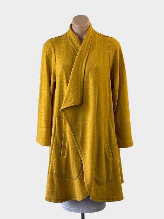 Swish yellow waterfall knit cardigan with welt pockets and raised back seam for smart casual or office wear.