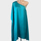 Table Eight one shoulder satin dress with draped sleeve and asymmetric handkerchief hem for evening or formal wear.
