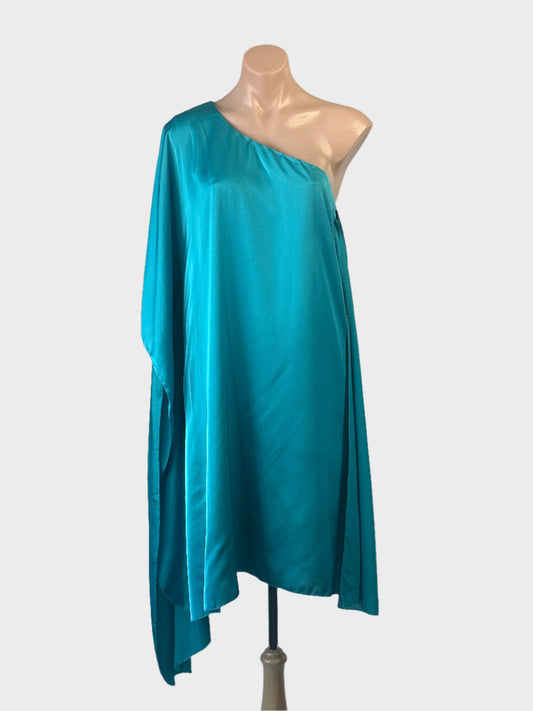 Table Eight one shoulder satin dress with draped sleeve and asymmetric handkerchief hem for evening or formal wear.
