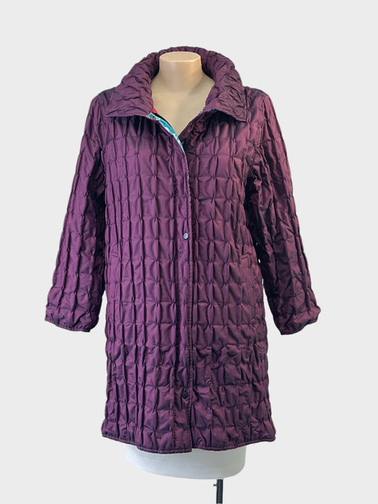 Taking Shape amethyst reversible quilted coat with patchwork lining and shawl collar for smart casual wear.