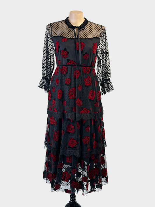 Taking Shape black Flamenco style mesh gown with flock rose appliqué and layered skirt for evening or formal wear.