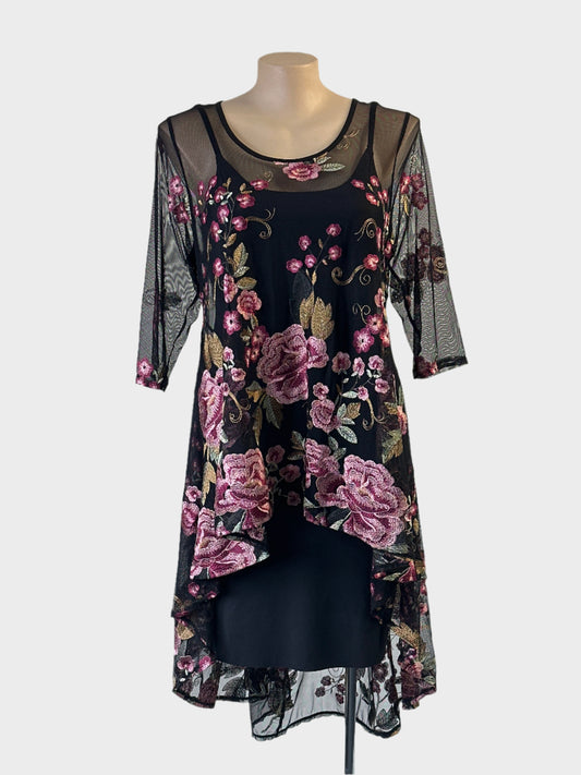 Taking Shape black and pink trapeze dress in sheer mesh with floral embroidery for formal or special events.