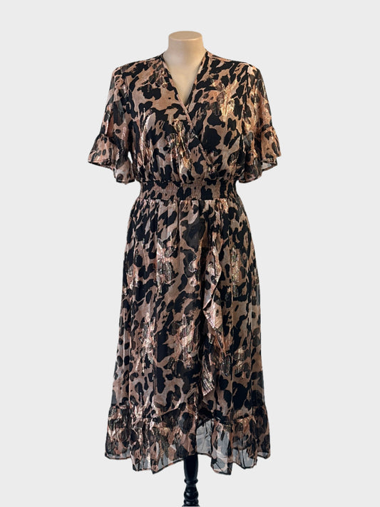 Taking Shape blouson dress in blue and white animal print with metallic appliqué for smart casual or resort wear.