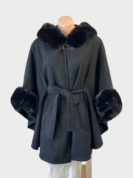 Taking Shape black cape in soft brushed weave with faux fur trim, hood and internal sash tie for smart casual or evening wear